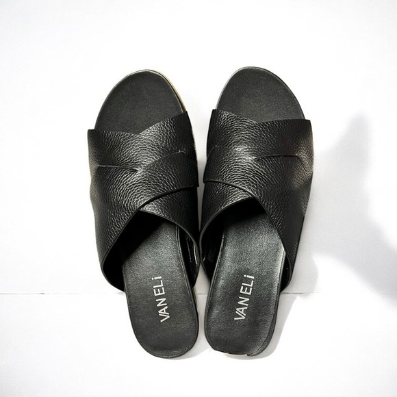 🌻NEW w/box Vaneli Hilde Black Leather Cross Band Low Wedge Slides Size 6W WIDE - Picture 6 of 14